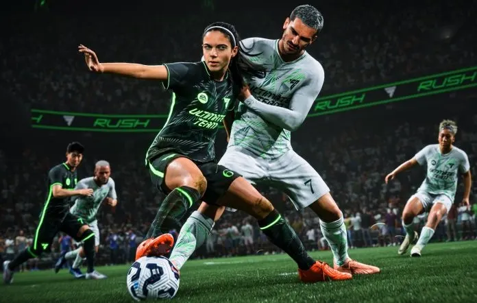 Az EA Sports FC 25 videójáték Rush játékmódjának promóciós képe, amelyen egy női és egy férfi futballista küzd a labdáért egy éjszakai mérkőzésen, a háttérben pedig zölden világító „RUSH” feliratok láthatóak a stadionban.