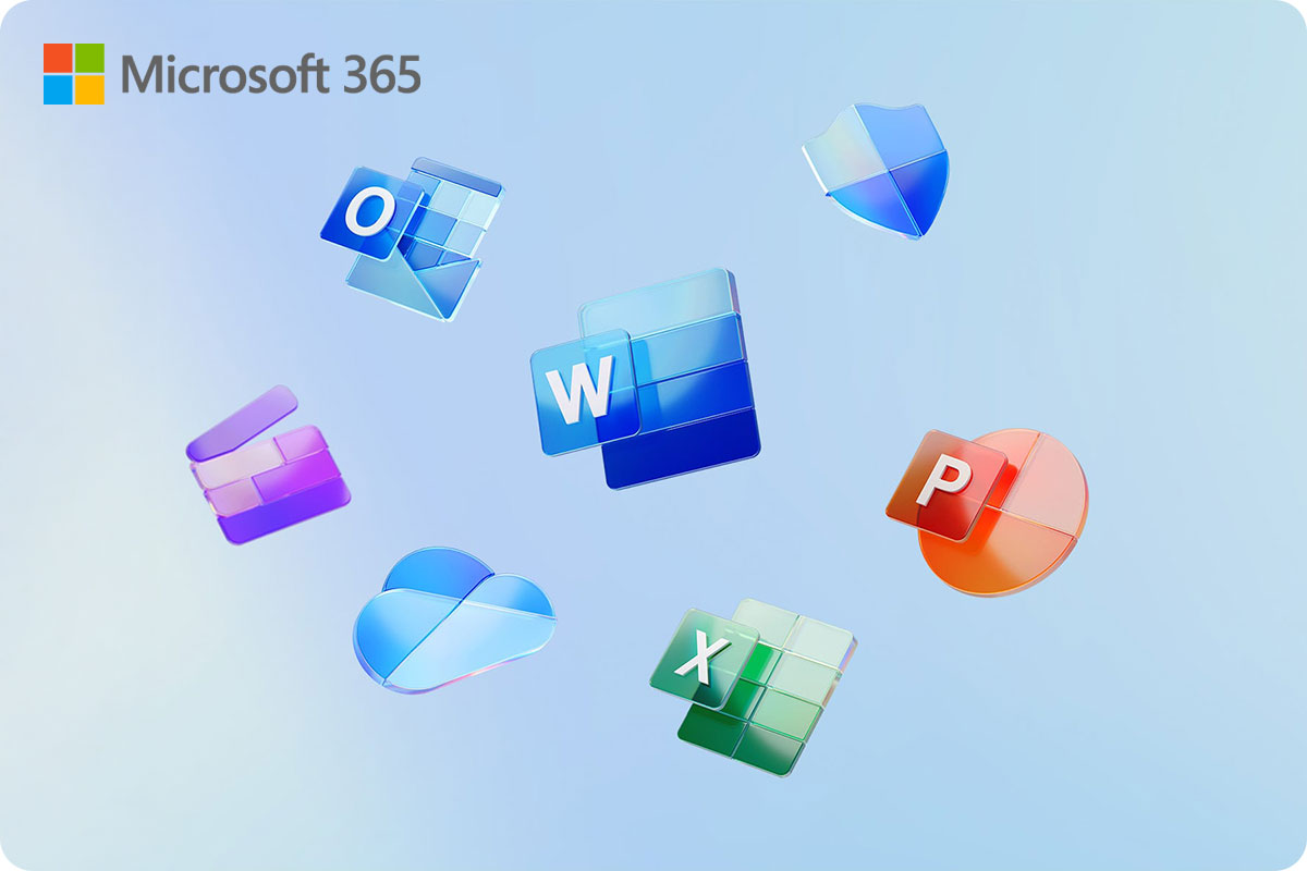 Microsoft 365 logók: Word, Excel, PowerPoint, Outlook, OneNote, felhő és biztonsági pajzs kék háttéren.