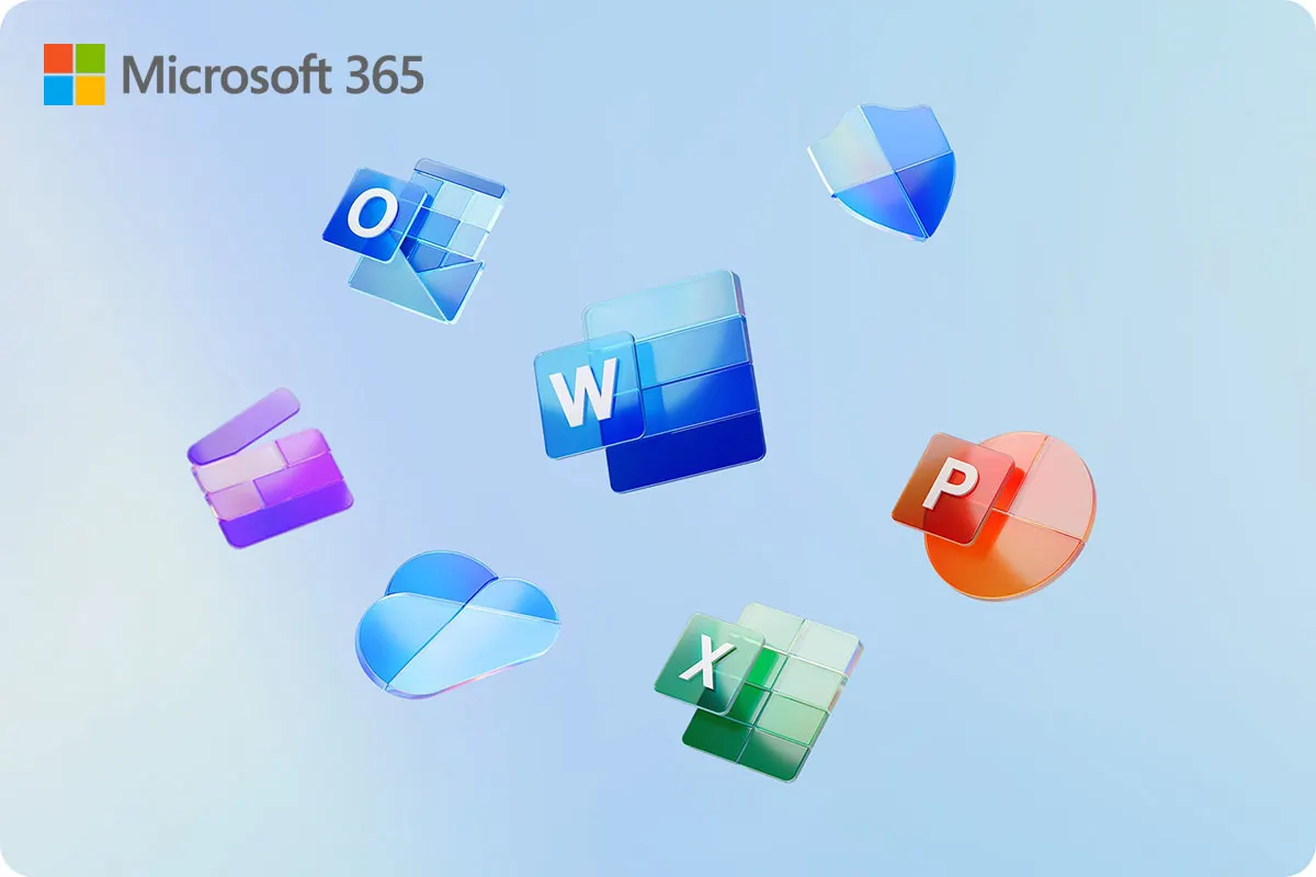Microsoft 365 logók: Word, Excel, PowerPoint, Outlook, OneNote, felhő és biztonsági pajzs kék háttéren.