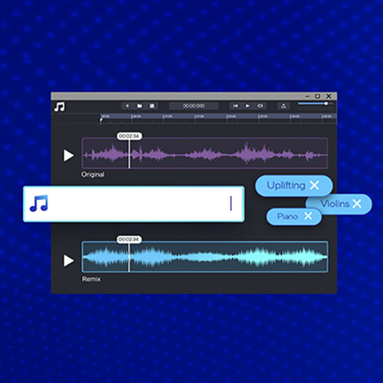 Kék háttér előtt hanghullám szerkesztő felület látható. Rajta sötétkék sávok, lejátszógombok, "Original" és "Remix" feliratok.