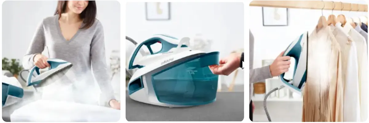 Modern Tefal gőzállomás használata: függőleges gőzölés vállfán lévő ruhákon és a kivehető víztartály feltöltése.