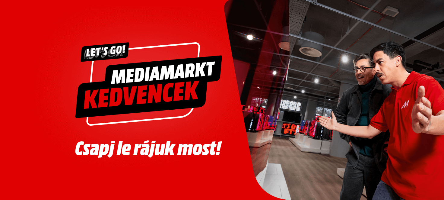 A kép egy MediaMarkt kedvencek felirat, két férfival egy áruházban, és a "Csapj le rájuk most!" szöveggel.