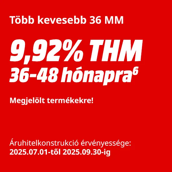 Piros háttéren fehér szöveg: 9,92% THM, 36-48 hónapra, megjelölt termékekre. Áruhitel 2025.07.01-től 2025. szeptember 30-ig érvényes.
