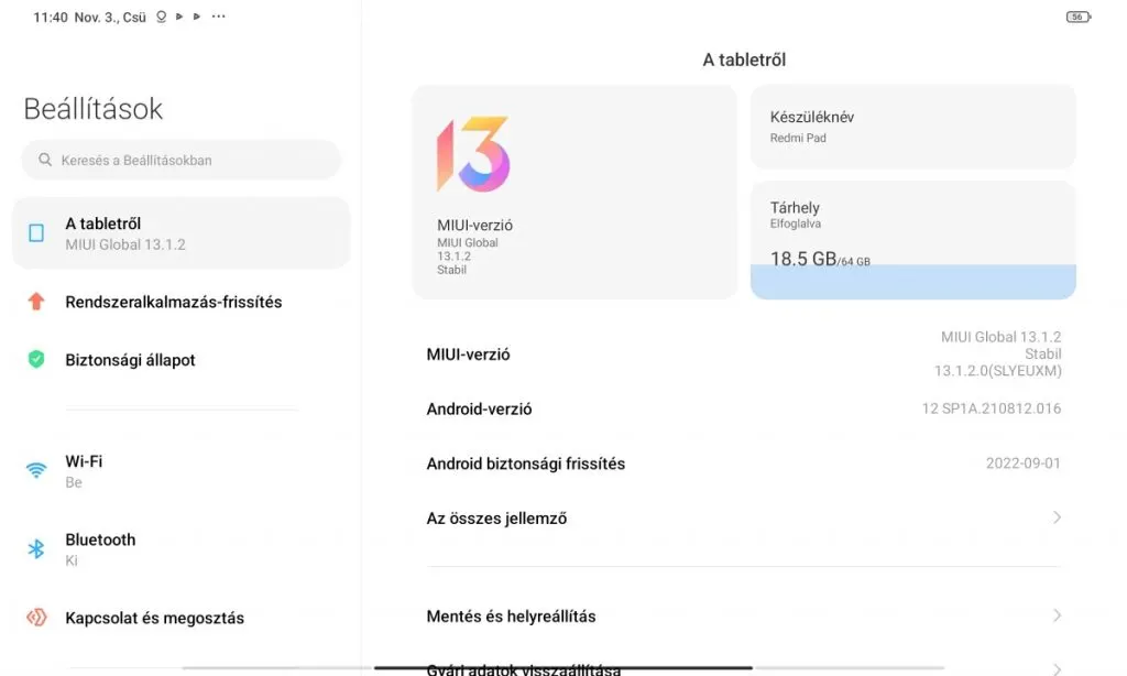 Képernyőkép egy Redmi Pad beállítások menüjéről, amely a tablet tulajdonságait, a MIUI 13-as verziót és a tárhelyadatokat mutatja.