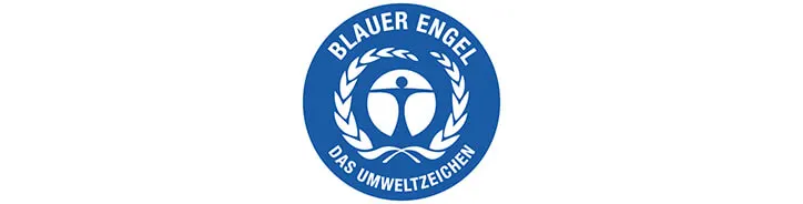 Kék "Blauer Engel" logó fehér ábrával egy kék körben, gabonakoszorúval és fehér feliratokkal.