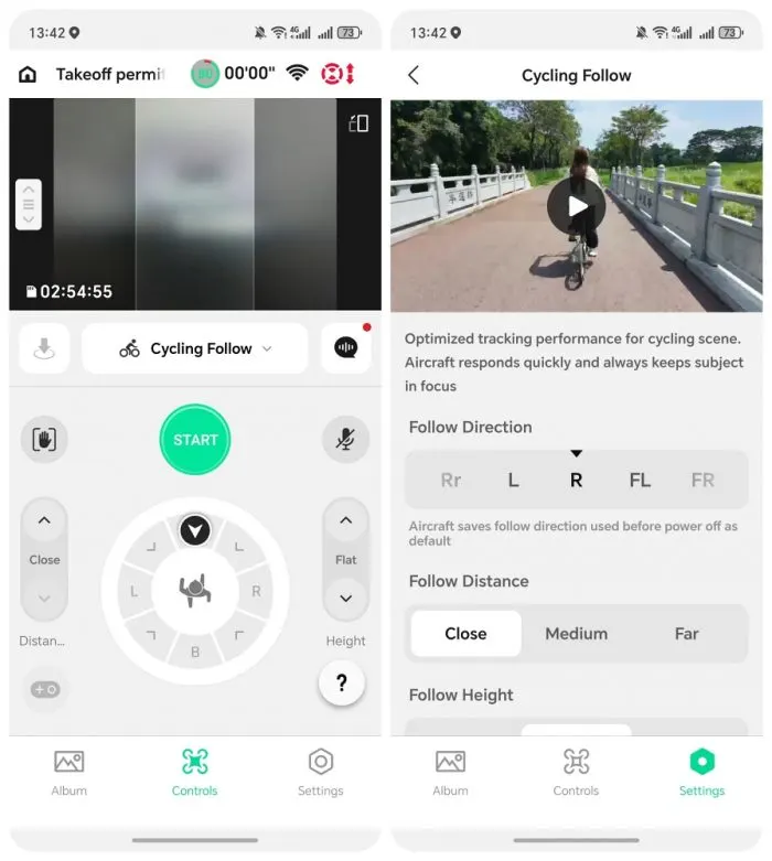 DJI drónirányító okostelefonos alkalmazás felülete a Cycling Follow követési funkcióval.