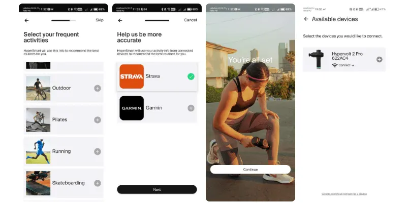 Négy egymás melletti képernyőkép a Hyperice applikációból: tevékenységek választása, Strava/Garmin szinkronizáció, sikeres beállítás és eszközpárosítás.
