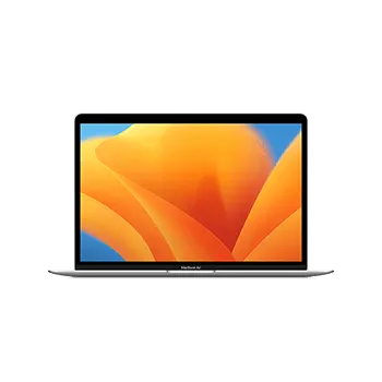 Ezüstszínű laptop narancssárga és kék virágmintás képernyővel, fehér háttér előtt.