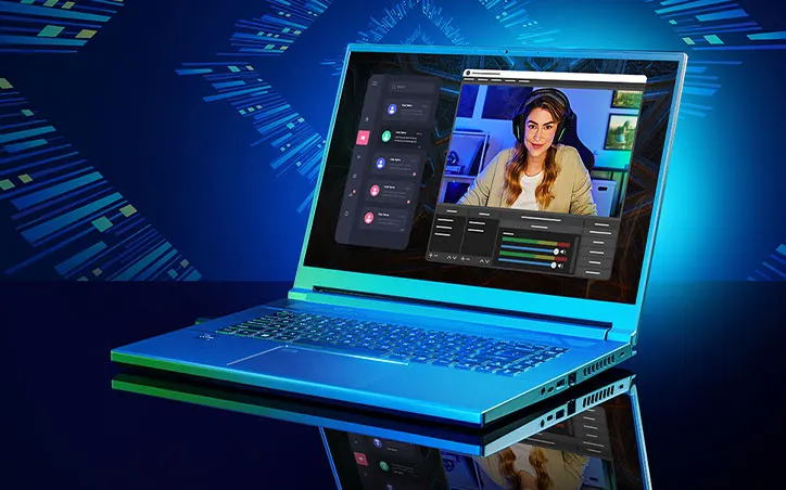 Kék laptop látható, képernyőjén nővel, szoftverpanellel. A háttérben kék minták és tükröződés látható.