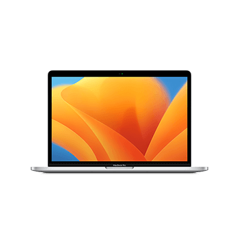 Ezüst laptop narancssárga és kék absztrakt háttérrel a képernyőn, fehér háttér előtt.