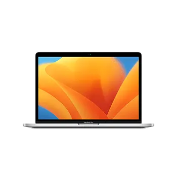 Ezüst laptop narancssárga és kék absztrakt háttérrel a képernyőn, fehér háttér előtt.