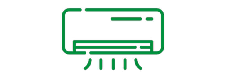 Zöld vonalas rajz egy légkondicionálóról, alulról jövő levegőáramlással, fehér alapon.