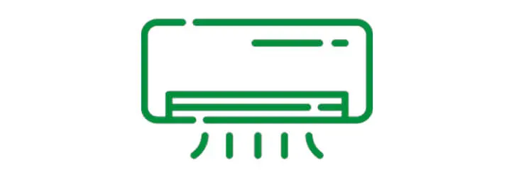 Zöld vonalas rajz egy légkondicionálóról, alulról jövő levegőáramlással, fehér alapon.