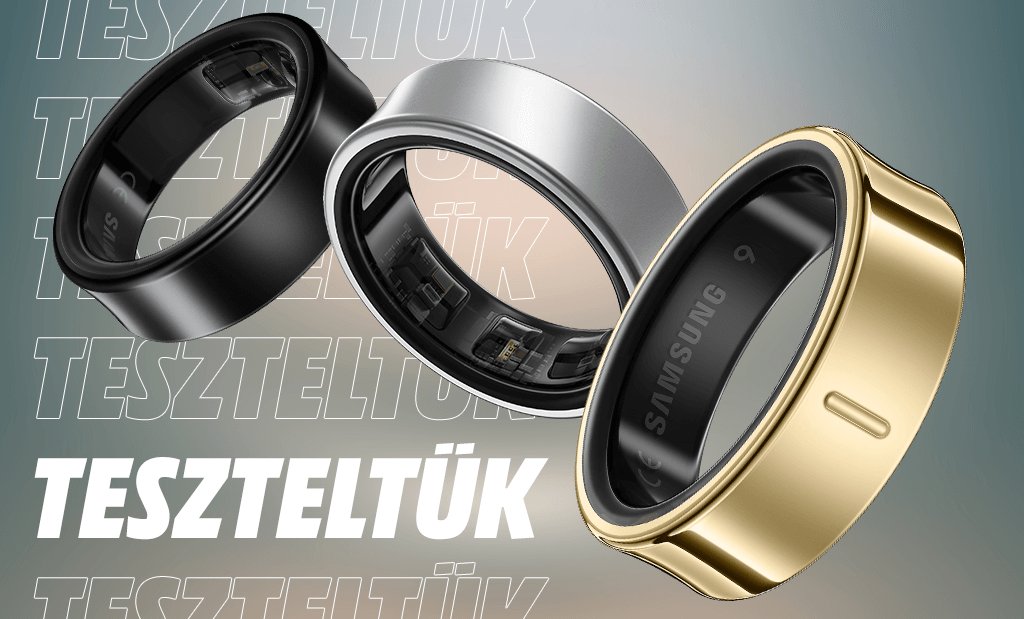 Három Samsung Galaxy Ring (fekete, ezüst, arany) promóciós képe „TESZTELTÜK” felirattal a háttérben.