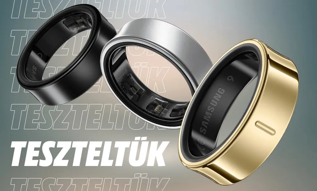 Három Samsung Galaxy Ring (fekete, ezüst, arany) promóciós képe „TESZTELTÜK” felirattal a háttérben.