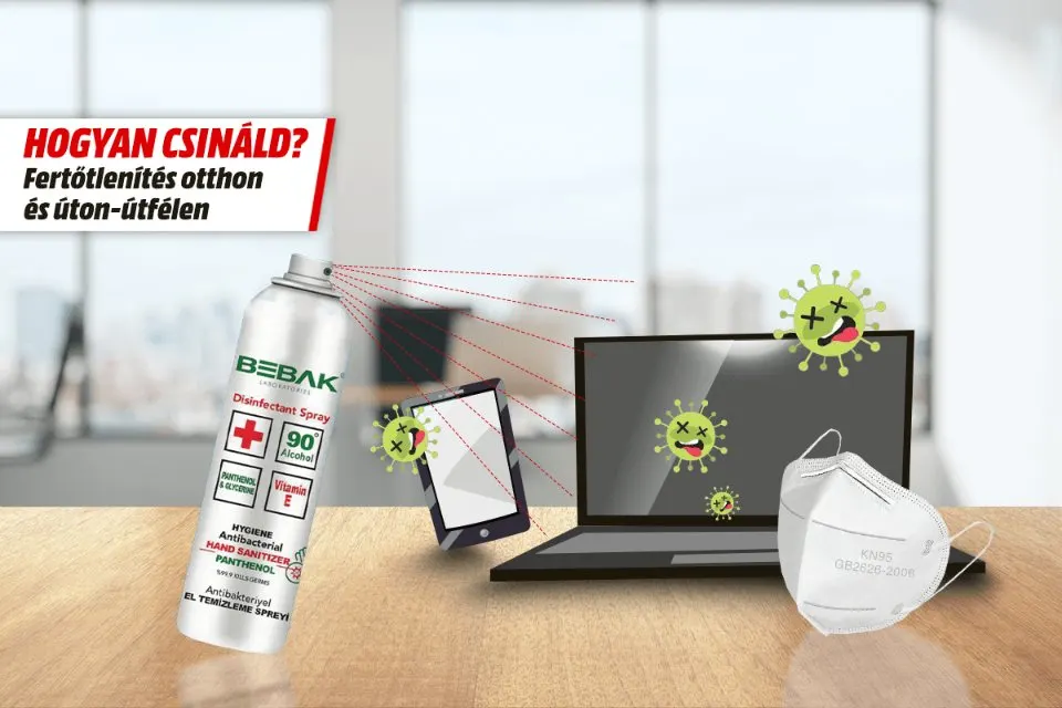 Fertőtlenítési tippeket bemutató blogcikk borítóképe: egy Bebak spray fúj rá jelképesen egy laptopra és egy okostelefonra az elpusztuló vírusok illusztrációi mellett, jobb oldalon pedig egy KN95-ös maszk látható.