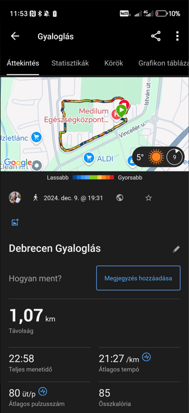 Garmin Connect alkalmazás gyaloglási aktivitás összesítő képernyője útvonaltérképpel és statisztikákkal.
