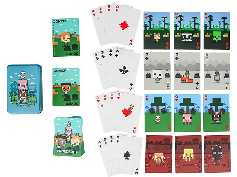 Minecraft videójáték tematikájú francia kártyapakli kiterítve, pixelgrafikus figurákkal és szimbólumokkal, mellette a kártyák tárolására szolgáló díszes fémdobozzal.