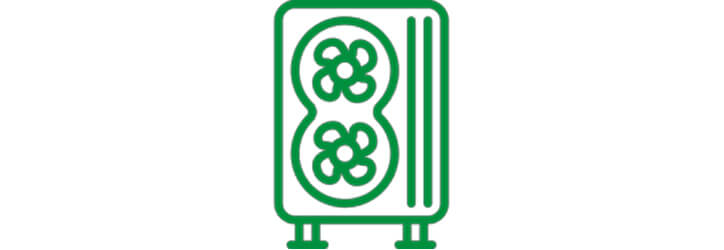 Zöld kontúrrajz egy nagy szekrényről, melyben két ventilátor van, mindegyik nyolc lappal. A szekrény két kis lábon áll.