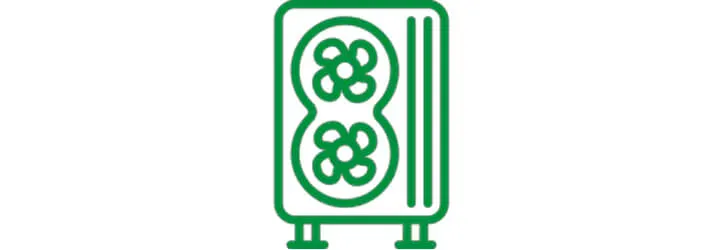 Zöld kontúrrajz egy nagy szekrényről, melyben két ventilátor van, mindegyik nyolc lappal. A szekrény két kis lábon áll.