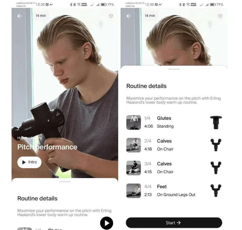Két képernyőkép a Hyperice appból, Erling Haaland labdarúgó 14 perces alsótest-bemelegítő masszázsprogramjának részleteivel.