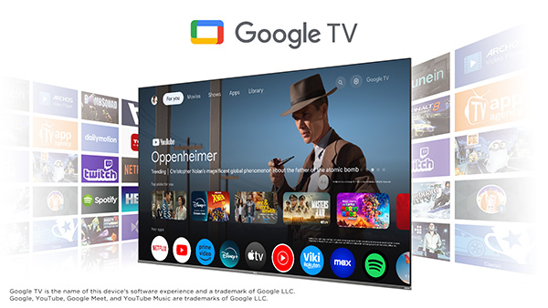 Google TV kezelőfelület, filmes ajánlásokkal és népszerű streaming appok ikonjaival