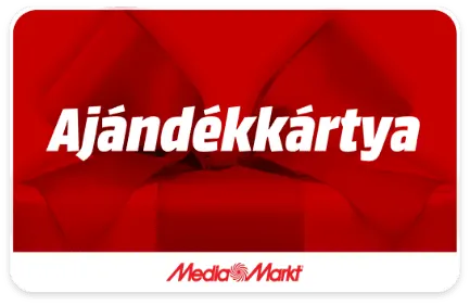 Piros Media Markt ajándékkártya fehér "Ajándékkártya" felirattal. A kártya alján a Media Markt logó látható.