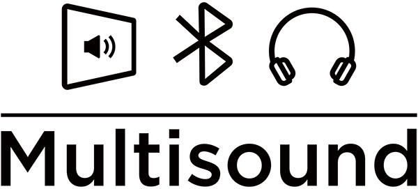 Multisound felirat hangszóró, Bluetooth és fejhallgató ikonokkal, több hangforrás egyidejű használatát jelképezve