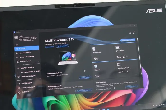 MyASUS diagnosztikai szoftver az Asus Vivobook S 15 kijelzőjén.