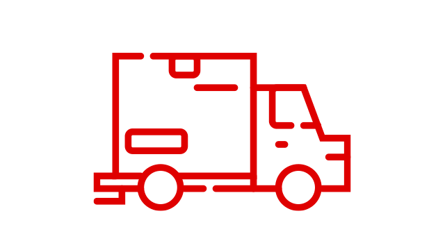Piros vonalas teherautó ikon fehér háttér előtt, csomagok szállítására utalva.