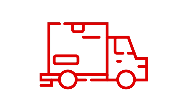 Piros vonalas teherautó ikon fehér háttér előtt, csomagok szállítására utalva.