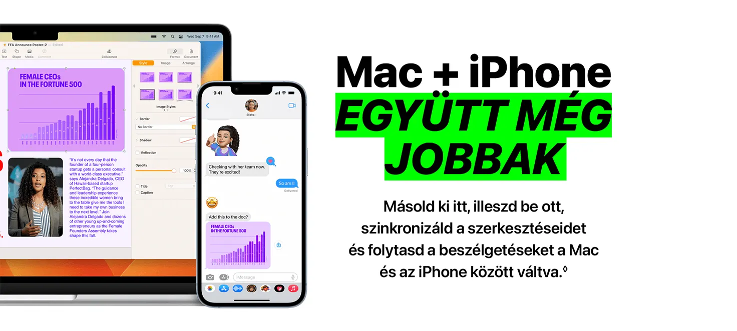 Mac és iPhone látható, szinkronizálva. Az alábbi felirat:  Mac+Iphone együtt jobban megéri. A képernyőn diagram, szöveg és üzenetváltás jelenik meg.