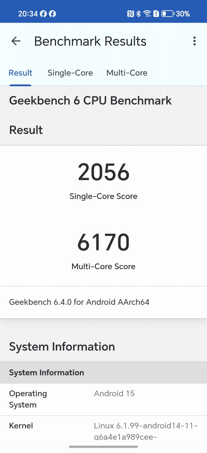 Geekbench 6 CPU Benchmark eredményeket megjelenítő képernyőkép Android 15 rendszerű telefonról. A készülék 2056 pontos single-core és 6170 pontos multi-core eredményt ért el.