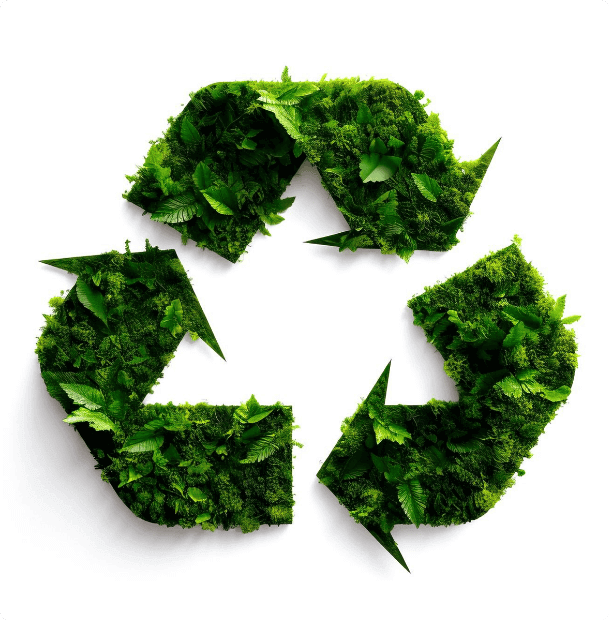 Zöld növényekből formázott újrahasznosítási szimbólum fehér háttéren. A szimbólum három nyíl alakú elemből áll.