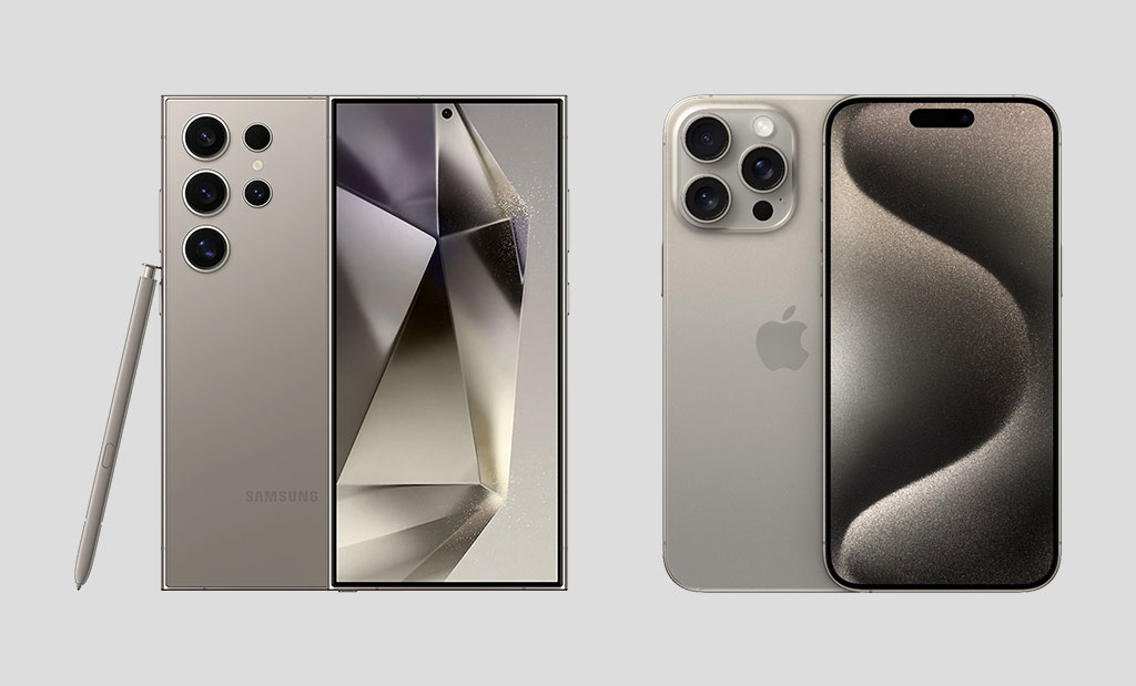 Két mobiltelefon látható, egy Samsung és egy iPhone, szürke háttér előtt. A Samsungnak van egy érintőceruzája.