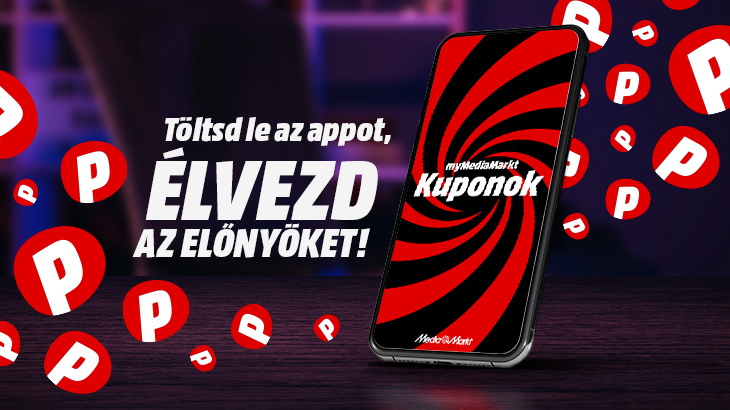 Egy mobiltelefon, amelyen egy alkalmazás jelenik meg a következő szöveggel: "Töltsd le az appot, élvezd az előnyöket!"