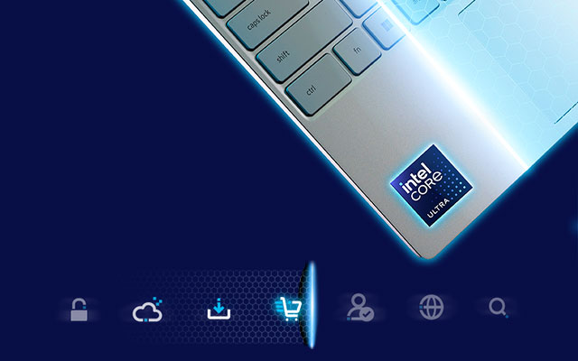 Ezüstszínű laptop látható, Intel Core Ultra matricával, kék alapon ikonokkal: zár, felhő, letöltés, bevásárlókocsi, személy, földgömb, nagyító.