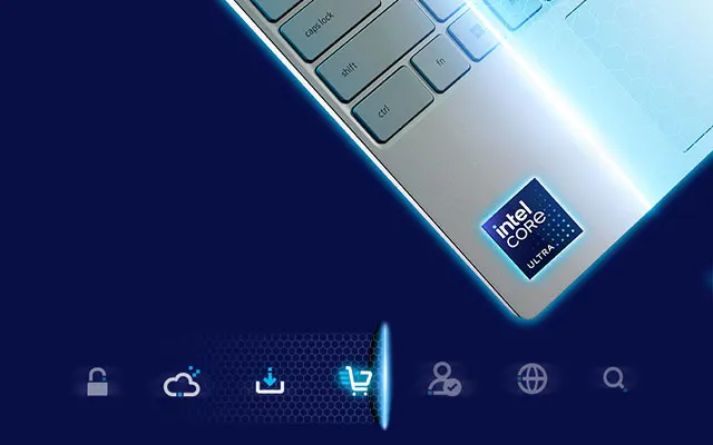 Ezüstszínű laptop látható, Intel Core Ultra matricával, kék alapon ikonokkal: zár, felhő, letöltés, bevásárlókocsi, személy, földgömb, nagyító.