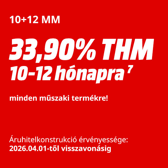 Piros háttéren fehér betűkkel: "10+12 MM", "33,90% THM 10-12 hónapra", "minden műszaki termékre!", és "Áruhitelkonstrukció érvényessége: 2025.07.01-től visszavonásig".