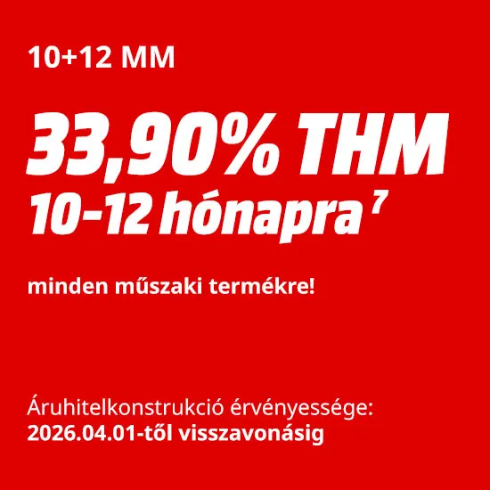 Piros háttéren fehér betűkkel: "10+12 MM", "33,90% THM 10-12 hónapra", "minden műszaki termékre!", és "Áruhitelkonstrukció érvényessége: 2025.07.01-től visszavonásig".