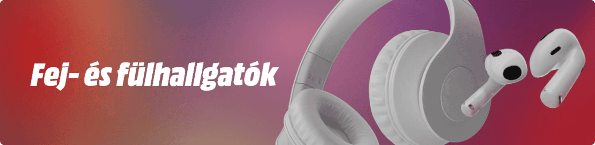 Fejhallgató és fülhallgató fehér színben, piros-lila színátmenetes háttér előtt. Bal oldalon szöveg: "Fej- és fülhallgatók".