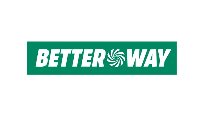 Zöld alapon fehér "BETTER WAY" felirat, a középső betű helyén spirálmintával.