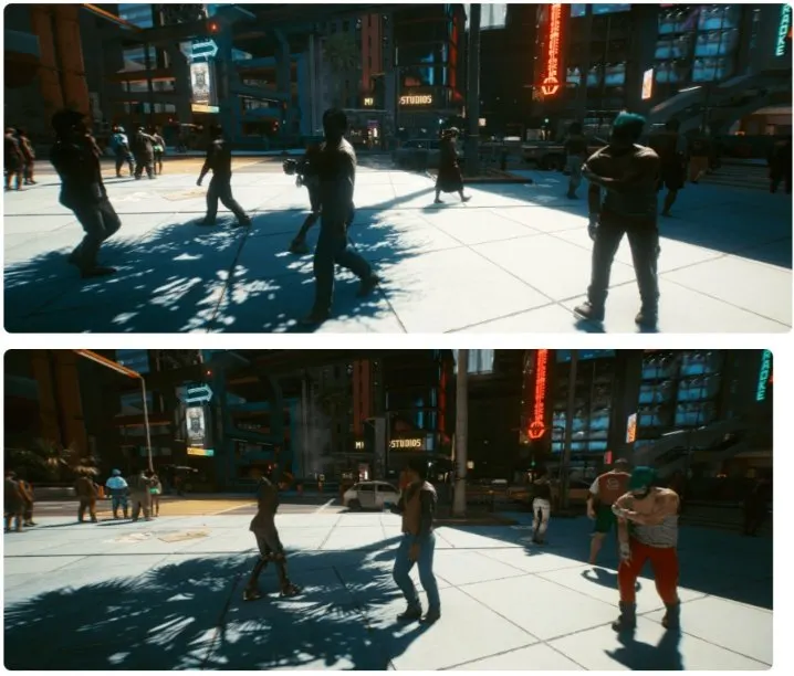 Cyberpunk 2077 grafika összehasonlítás az 1.jpg képen: az alsó képen részletesebb árnyékok, a felsőn tisztább élek láthatók.