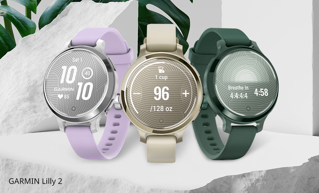 Garmin Lily 2 okosórák különböző színekben nőies dizájnnal és egészségkövető funkciókkal.