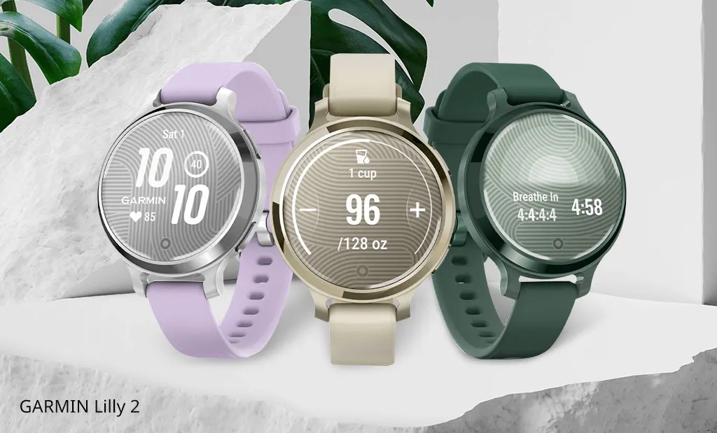 Garmin Lily 2 okosórák különböző színekben nőies dizájnnal és egészségkövető funkciókkal.