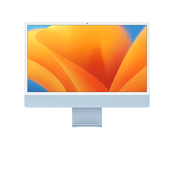 A képen egy asztali számítógép látható, narancssárga és kék virágos háttérrel, fehér kerettel és kék állvánnyal.