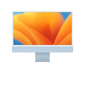 A képen egy asztali számítógép látható, narancssárga és kék virágos háttérrel, fehér kerettel és kék állvánnyal.