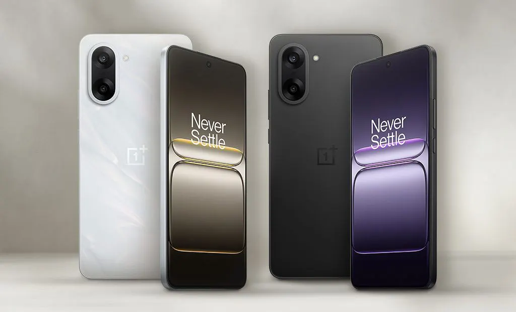4 telefon egy szürke háttér előtt. Bal oldalon egy fehér OnePlus háttal a kamerának, mellette ugyan az szemből, sötét arany háttérrel a kijelzőn. Jobb oldalon ugyanez a felefon, fekete külsővel., és sötét lila háttérrel a kijelzőn. Mindkét kijelzőn fehér színű Never Settle felirat.