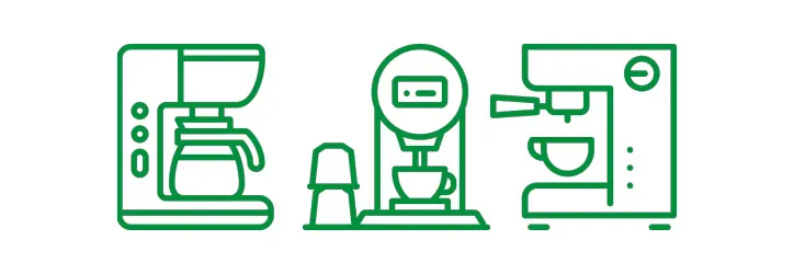 Három zöld vonalas ábra kávéfőzőgépekről fehér alapon.