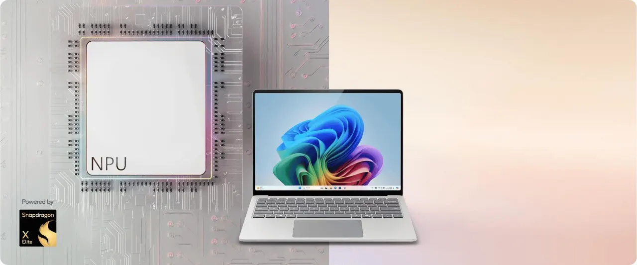 Laptop látható virágos háttérrel, mellette NPU chip és Snapdragon logó.